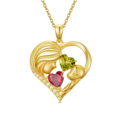 Mothers Day Gifts 14K Yellow Gold Mother Daughter Heart Pendant Necklace with 12 Months Birthstone Birthday Gifts for Mom Anniversarry Jewelry for Mom Wife Girlfriend - color: 01-08-Jan-Aug Birthstone