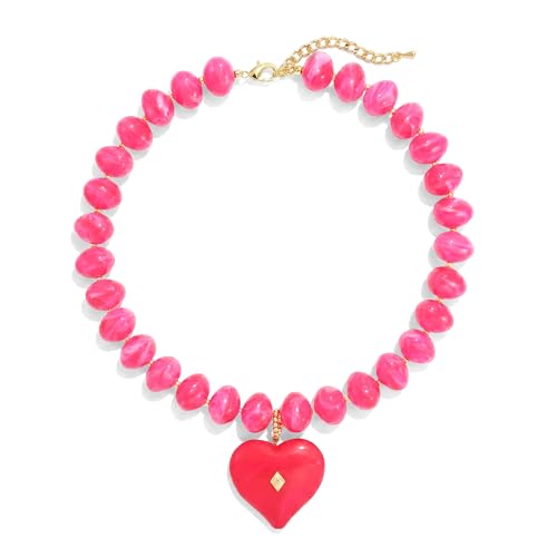 Elegance 11 designs Chunky Heart Necklace for Women, Colorful Acrylic Beaded Statement Puff Heart Necklace, Cute Boho Y2K Choker Necklace for Gift Jewelry - color: Rose