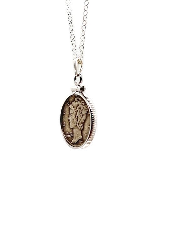 Handmade Sterling Silver Vintage 1940's Mercury Dime 925 Necklace No Plating. 16-20" Chain lengths NEW. US collectible Silver 10 cent coin. 90% Silver Dime. Screw Top Coin Edge bezel - size: Add 18 inch Cable Chain