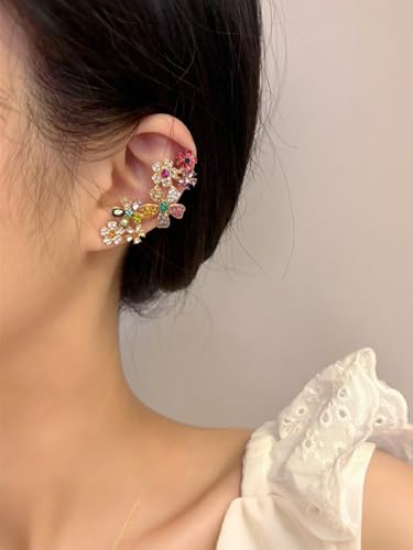 Climber Earrings for Women Multicolor Ear Studs with Ear Cartilage Clip Crystal Clustered Flowers Ear Cuff Earring Statement Floral Crawler Stud Earrings Sparkly Zircon Gemstone Earring