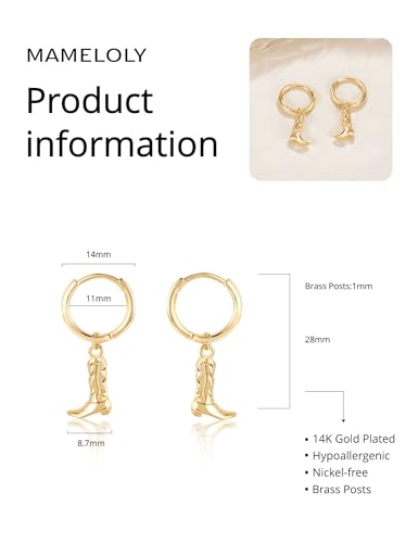 Mameloly Cowgirl Earrings for Women CZ 14K Gold Plated Western Cowboy Hat Dangle Hoop Earrings Cute Jewelry Hypoallergenic - color: Boot