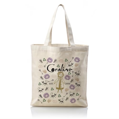 Canvas Tote Bag Aesthetic for Women,Reusable Canvas Cute Shoulder Bag for Grocery, Shopping, Beach & Daily Use - color: Coraline