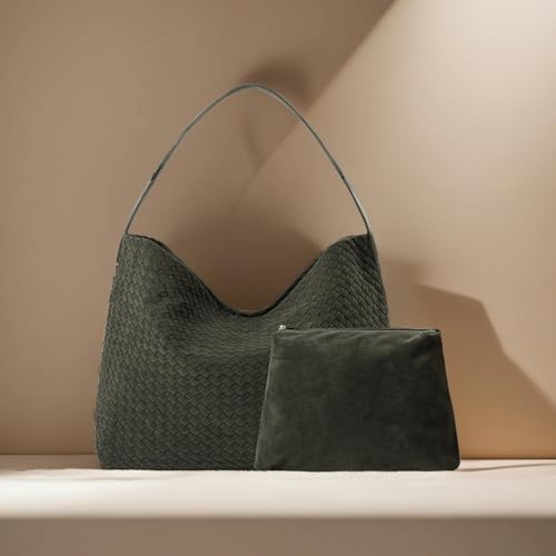 Leather Woven Tote Bag for Women, Vintage Suede Woven Hobo Bag, Large Crossbody Shoulder Slouchy Handbag - color: Green