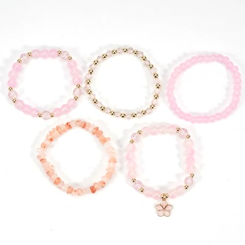 coadipress 5Pcs Bohemian Flower Stackable Bead Bracelets for Women Multilayer Crystal Glass Beaded Charm Bangles Bracelet Boho Summer Beach Hawaii Holiday Statement Jewelry - color: Pink