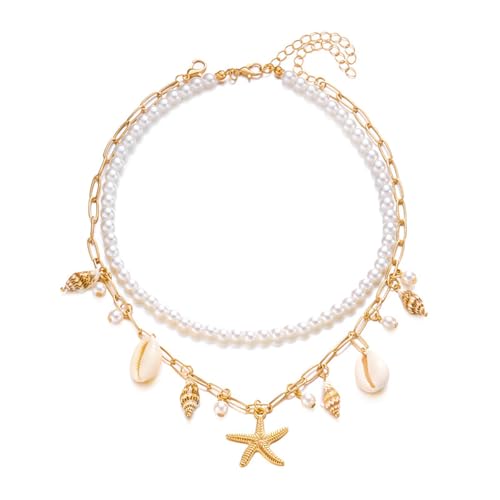 Boho Multi-layered Shell Starfish Necklace Layered Pearl Pendant Choker Necklace Fashionable Clavicle Chain Necklace Seaside Beach Vacation Jewelry for Women - color: Starfish1