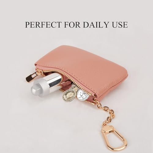 Full Grain Leather Coin Purse with Key Chain - Small Change Purse Keychain Card Holder Keychain Pouch Small Keychain Wallet for Women and Men (Pink) - color: Pink, Regular Size