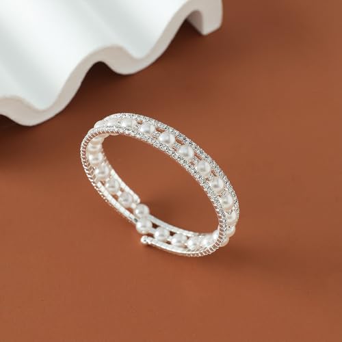 Silver Pearl Bracelet for Women Sparkly Stretch Rhinestone and Pearls Bangle Cuff Adjustable Faux Diamond CZ Bracelets Bling Wedding Costume Jewelry - color: Silver