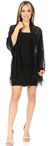 Sakkas Mari Women's Large Lightweight Soft Lace Scarf Wrap Shawl Floral and Fringe - color: Style4-black