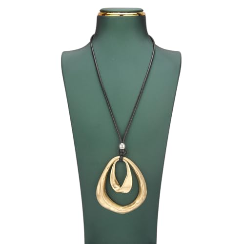 GelConnie Leather Necklace for Women Round Wooden Pendant Long Leather Choker Vintage Sweater Necklace Gold Chunky Boho Necklaces for Women - style: Gold 2 Circles Pendant