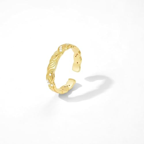 KissYan Adjustable Open Ring for Women, 14K Gold Plated Vintage Statement Leaf Pattern Band Ring with CZ, Dainty Trendy Jewelry Gift - style: Style1