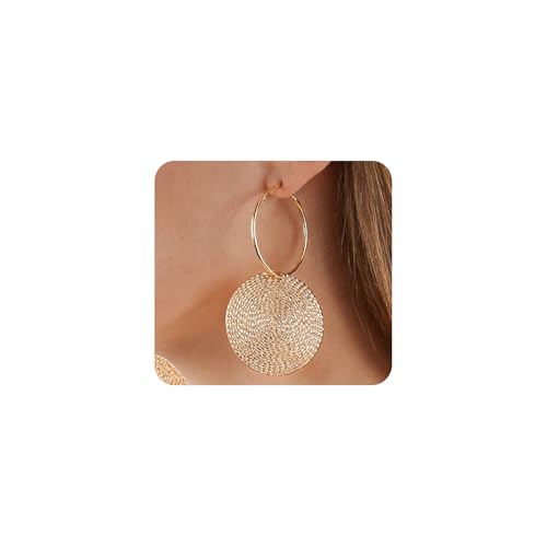 Boho Large Hoop Earrings for Women Oversized Chunky Coin Dangle Earring Hammered Big Disc Loop Earrings Trendy Party Jewelry Accessories Gifts - color: Gold