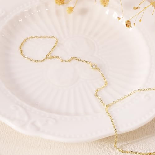 BAYLAY Hand Chain Bracelet, 14K Gold Plated Ring Bracelet Hand Chain Dainty Gold Bracelet for Women Trendy Finger Ring Slave Bracelets Hand Jewelry for Women Summer Beach Boho Gifts Trendy Stuff - color: 1CZ