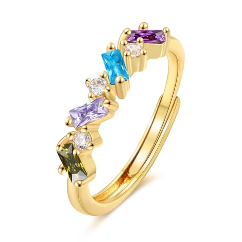 Personalized Birthstone Ring for Mom, 1–4 Baguette Birthstones Adjustable Ring, Minimalist Family Ring, Mother’s Day Gift for Mom Wife Grandma - color: 4 stones