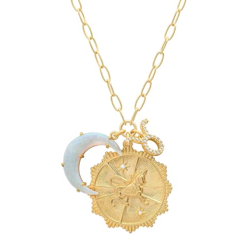 Dainty Gold Zodiac Embossed Coin Opal Crescent Moon Charm Necklace for Women Trendy 18K Gold Plated Retro Paperclip Chain 12 Constellation Horoscope Necklaces Astrology Jewelry Gifts - style: 2.TAURUS (APR 20-MAY 20)