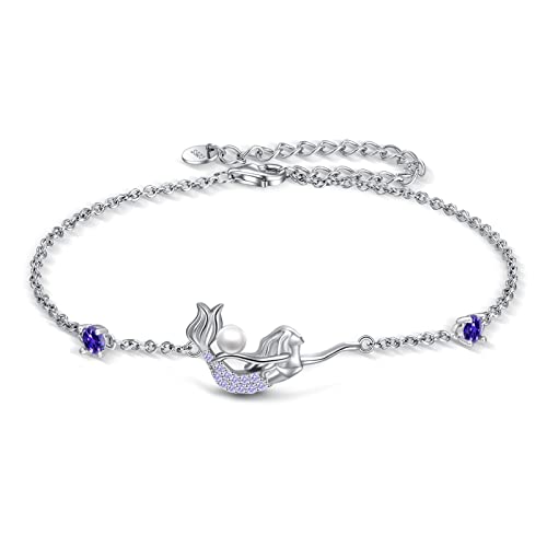YAFEINI Ankle Bracelets for Women Sterling Silver Mermaid Turtle Ladybug Butterfly Moon Star Pineapple Anklet Link Chain Anklets Jewelry Gifts for Women - style: Purple mermaid anklet