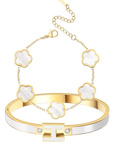 H Bangle & Clover Bracelet for Women - Stainless Steel Fashion Jewelry - 18K Gold Plated H Bangle and Lucky Five Leaf Clover Bracelet - Elegant Bracelets Set - Gift for Women - color: Gold-White Set