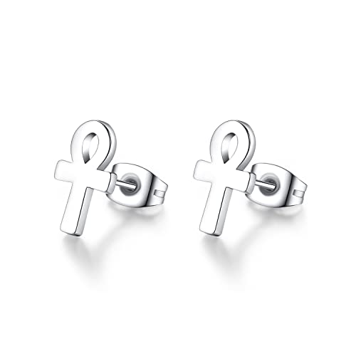 REVEMCN 925 Sterling Silver and Stainless Steel Cross Stud Earrings for Women Men, 3 Pairs - color: White Ankh Earrings