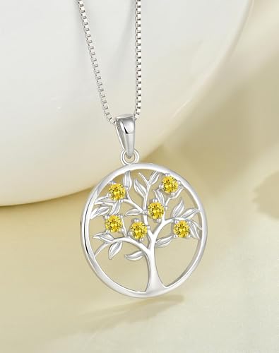 Tree of Life Necklace for Women - Solid 925 Sterling Silver 18K White Gold Plated Birthstone Pendant Jewelry - color: 11-Nov_Topaz