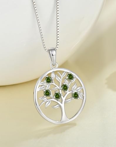 Tree of Life Necklace for Women - Solid 925 Sterling Silver 18K White Gold Plated Birthstone Pendant Jewelry - color: 08-Aug_Peridot