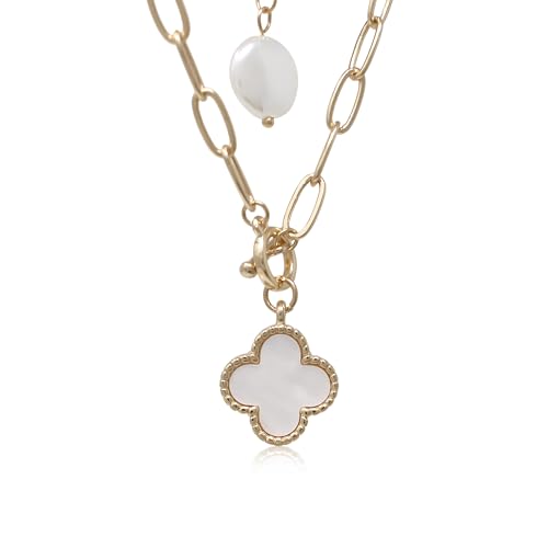 POMINA Chunky Thick Coin Necklace Trendy Fashion Statement Toggle Necklace Worn Gold Tone Pendant Thick Link Chain Layered Pearl Necklace - color: 2PC Clover/Pearl_Worn Gold