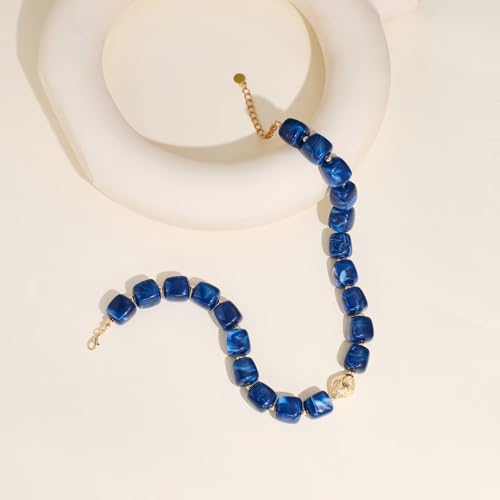 Colorful Chunky Necklaces for Women Multicolored Large Square Acrylic Beads Necklace Trendy Bold Statement Beaded Necklace Summer Vacation Choker Jewelry - color: Royal Blue