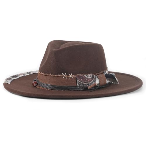 Womens Boho Fedora Hat Wide Brim Fedora Mens Handmade Flat Brim Hats - color: Brown