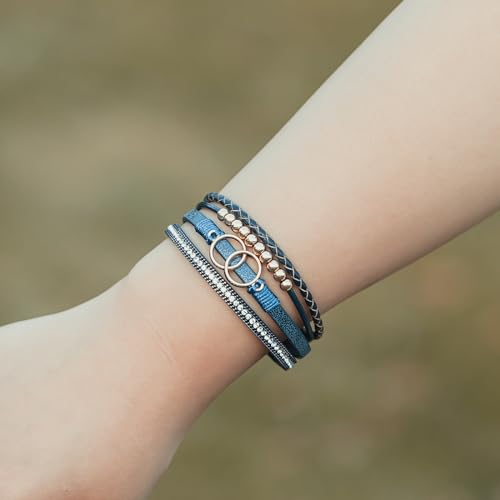 FANCY SHINY Boho Leather Wrap Bracelet Stackable Infinity Chunky Cuff Bracelets Western Hippie Outfits Jewelry Valentine Gifts for Women - color: Navy Blue