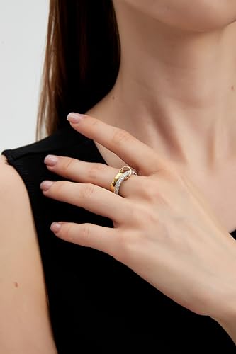 14K Gold Plating and Platinum Plating Stackable Interlocking Ring Set | Anti-Allergy Mixed Metal Multi-Ring Declaration Jewelry | Women's Festival Gift, Mother's Day/Birthday/Engagement Jewelry - size: 7, style: Two-layer ring