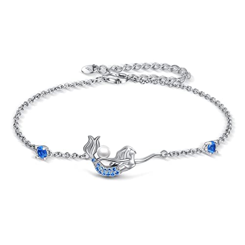 YAFEINI Ankle Bracelets for Women Sterling Silver Mermaid Turtle Ladybug Butterfly Moon Star Pineapple Anklet Link Chain Anklets Jewelry Gifts for Women - style: Blue mermaid anklet