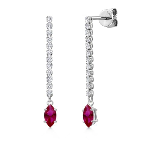 Gem Stone King 14K White Gold Gemstone Birthstone and White Lab Grown Diamond Long Liner Dangle Earrings for Women | Marquise 6X3MM | White Gold Chain Drop Earrings - style: Created Ruby, July
