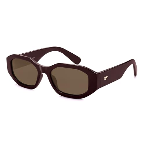 VANLINKER Trendy Polarized Hexagon Sunglasses for Women Men Retro 90s Rectangle Shades Vintage Square Frame VL9887 - color: C5-burgundy/Brown