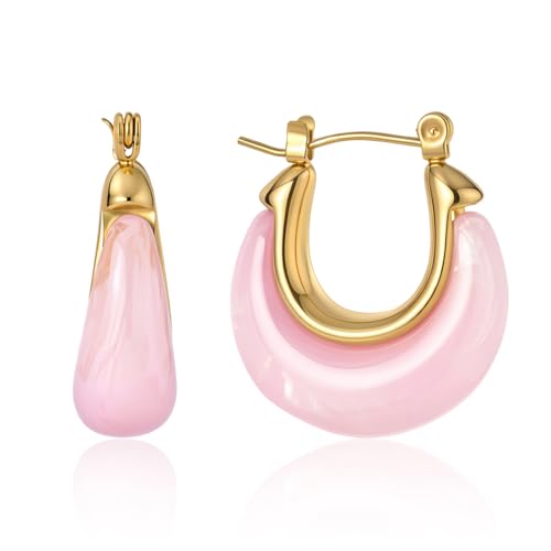 Fullpop Vintage Earrings for Women, Chunky 14K Gold Plated Resin Hoop Earrings Lightweight Hollow Drop Earrings Hypoallergenic Earrings for Women Vintage Anthropologie Jewelry Gifts for Women - size: Round-Pink