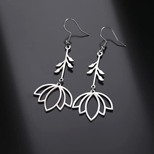 TEAMER Stainless Steel Lotus Flower Dangle Earrings Bohemian Drop Earring Unique Geometric Jewelry for Women - color: Lotus 1-Steel Color