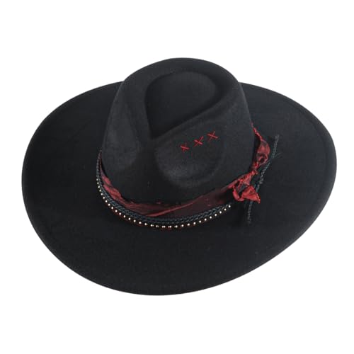 Womens Boho Fedora Hat Wide Brim Fedora Mens Handmade Flat Brim Hats - color: Blackred