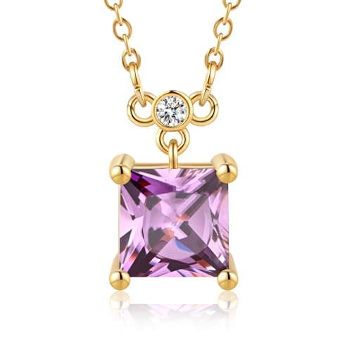 18K Gold-Plated Non Tarnish Birthstone Necklace for Women, 5A Princess Cut Cubic Zirconia Pendant, Birthday Anniversary Valentine's Gift, 18-20 Inches - color: 2-Feb-Light Purple