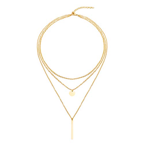 Disc Bar Pendant Layering Necklace Stainless Steel Layered Chain Choker - color: 14K Gold Plated