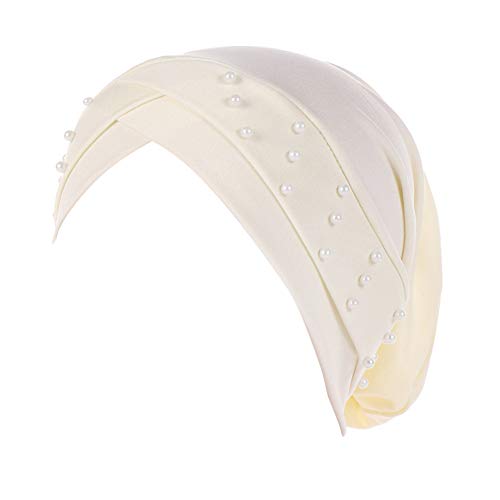 Women Beaded Silky Beanie, Pre-Tied Turban Head Wrap Cap for Chemo Chemical Cancer Hair Loss Cover Hat - color: Beige