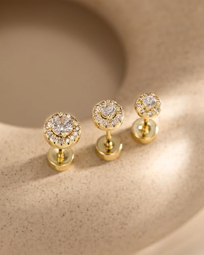 3 Pair Tiny Flat Back Earrings for Women - 14K Gold/White Gold Plated Dainty Cute Small Screw Flatback Stud Earring, Everyday Wear Gift - color: diamond gold
