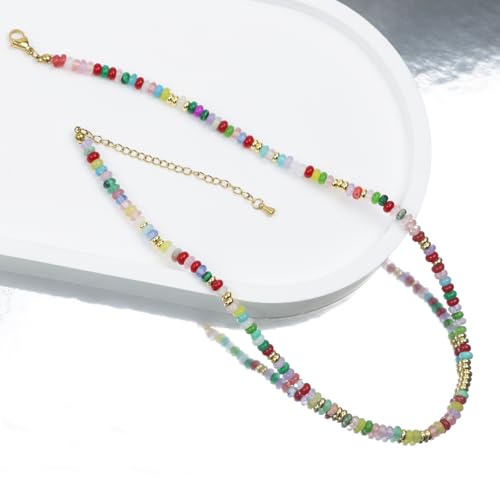 Boho Beaded Necklace for Women, Colorful Natural Stone Choker Necklace, Summer Beach Bead Necklaces Handmade Jewelry Birthday Gifts - color: 4MM