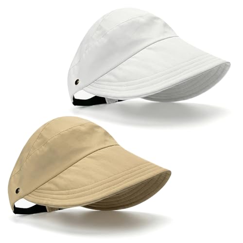 2 Pcs Women's Trendy Breathable Sun Hat, 2026 New Wide Brim UV Protection Hollow Top Sun Hat Summer Beach Packable Visor - color: White + Khaki