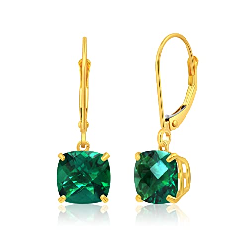 14k White or Yellow Gold Cushion Cut Gemstone Dangle Earrings for Women with 8mm Birthstones by MAX + STONE - color: Created-Emerald