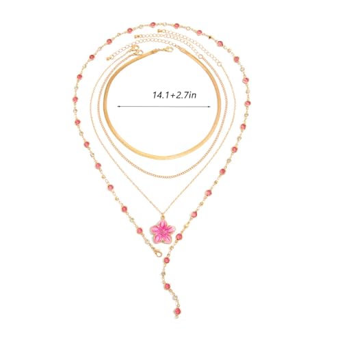 Gold Flower Y Chain Necklace for Women Layered Flower Pendant Choker Long Rhinestone Chain Necklace Party Prom Jewelry - color: Pink