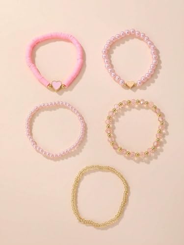 Caiyao Bohemia Multilayer Heart Imitation Pearl Beaded Stackable Bracelets Set Colorful Surfer Heishi Clay Gold Beads Stretch Bracelets for Women Men Summer Beach Boho Vacation Jewelry Gifts - color: Pink
