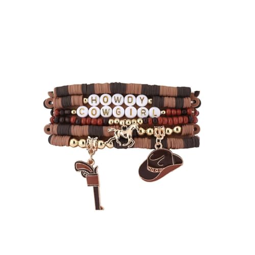 Fuqimanman2020 Boho Western Cowgirl Howdy Stackable Beaded Bracelet Set for Women Western Country Hat Boot Charms Polymer Clay Beads Bracelets Country Concert Rodeo Jewelry Gift - color: Style 2 Brown Hat
