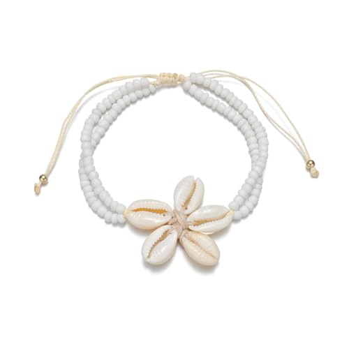 Vivian&CD Boho Shell Anklets Bracelet for Women Waterproof, Gold Layered Seashell Starfish Puka Shell Anklet, Adjustable Colorful Beaded Stack Stretch Bead Bracelet Set, Fashion Beach Foot Jewelry for Hawaii Summer Vacation - style: Starfish White