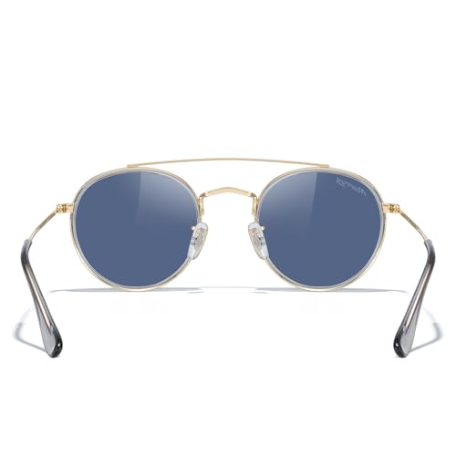 MERRY'S Retro Round Polarized Sunglasses - Unisex Double Bridge Sun Glasses - color: Tra Gray Frame/Gold Bridge/Blue Lens
