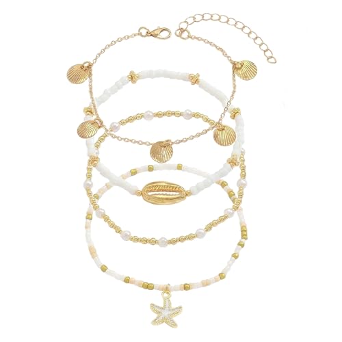 Boho Beads Beach Layered Anklet Set for Women, Handmade Gold Starfish Pearl Shell Anklets Summer Ocean Accessories Jewelry Gift - color: Shell