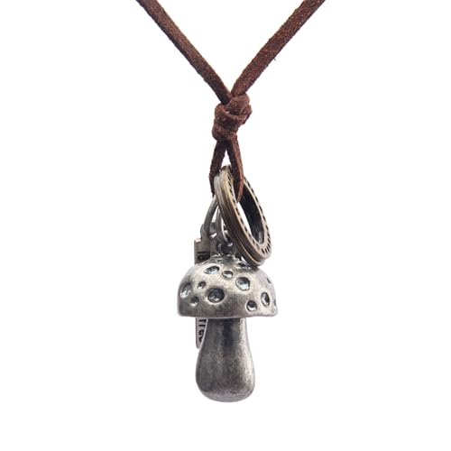 Kelake Leather Necklace for Women Men Teen Vinatge Boho Alloy Pendant Choker Jewelry Fashion Sweater Necklaces with Adjustable Genuine Leather Chain - color: Antique Silver Mushroom Pendant