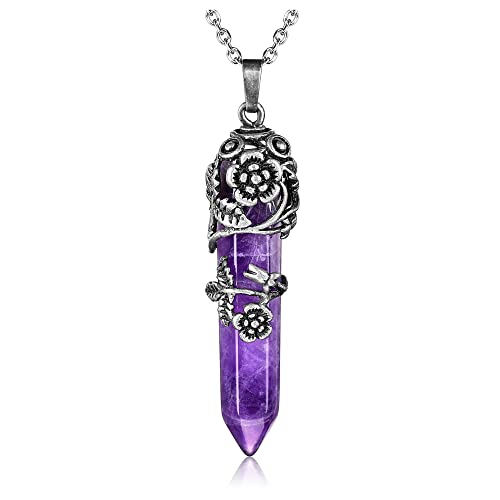 Top Plaza Antique Silver Flower Wrapped Natural Amethyst Healing Crystal Necklace - color: Amethyst