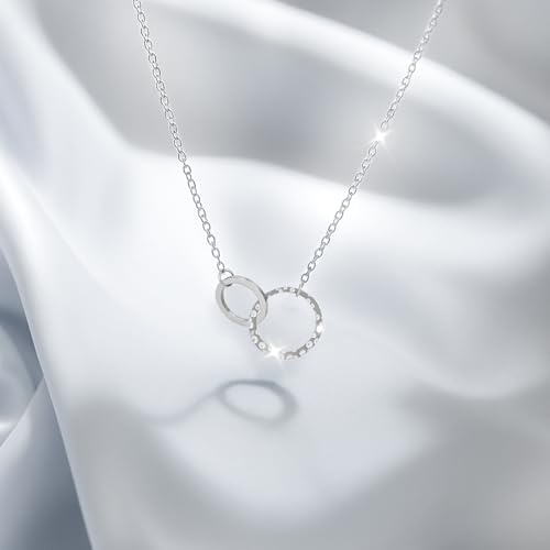 Minimalist Stainless Steel Single or Two Circular Hammered Texture Pendant Necklace for Women, 14K Gold/Silver/Rose Gold Plated Hypoallergenic Stackable Layered Collarbone adjustable Chain Necklace, Dainty Layering Necklace Jewelry Gift - style: Silver Tw